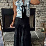 Jackie Powder Blue Rose Print Sweater Vest with Velvet Front Tie