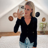 Black Clearly Alluring V Neck Button Down Knit Top