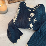 Teal Floral Embroidered Cable Knit Sweater