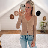 Light Khaki Clearly Alluring V Neck Button Down Knit Top