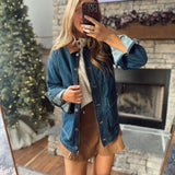 Risen Dark Leather Collar Oversized Denim Jacket