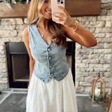 Risen Light Button Down V-Neck Denim Vest