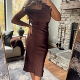 Dark Fig Satin Draped Midi Dress