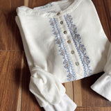 Jazzy Ivory Embroidered French Terry Long Sleeve Henley