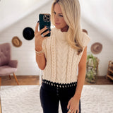 Cream Cable Knit Mock Neck Sleeveless Sweater with Ribbon Detailing