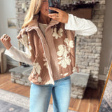 Taupe Floral Corduroy Light Weight Puffer Vest