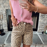 Risen Camel Cheetah Print Mid Rise Loose Mid Length Shorts