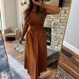 Terracotta Satin Side Panel Midi Dress