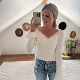 Sweet Angel Cream Feather Knit Cropped Baby Doll Long Sleeve Top
