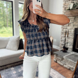 Blaine Navy Plaid Ruffle Top
