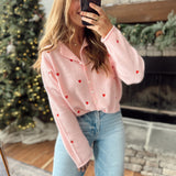 Baby Pink Heart Embroidered Piper Knit Cardigan