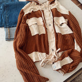 So Coastal Chocolate Crochet Knit Hooded Cropped Button Down