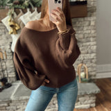 Believer Brown Boat Neck Balloon Sleeves Cropped Rib Knit Sweater