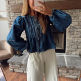 Reese Washed Denim Pleated Flare Top