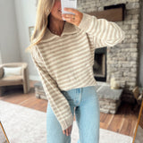 Taupe & Cream Striped Notch Neck Sweater