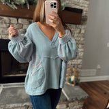 Tracey Blue Multi Stripe V-Neck Pullover Sweater w/ Side Pockets