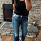 Risen Dark MR Ankle Straight  Fray Hem Denim