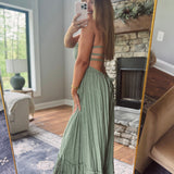 On My Level L.Olive Open Back Smocked Tiered Maxi