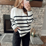 Comfortable Cuteness White/Black Striped Crew Sweater