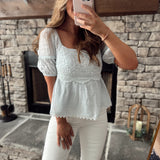 Pale Blue Queenie Embroidered Detail Square Neck Babydoll Top