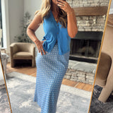 Dusty Blue Chic In Spots Midi Skirt