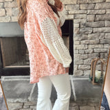 Rose Pink Floral Sweater Sleeve Gauze Button-Up