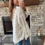 Cream Floral Sweater Sleeve Gauze Button-Up