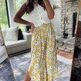Mustard Floral Print Wide Leg Pants