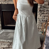 White/Baby Blue Pinstriped Smocked Midi