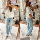 Mica Dull Blue Cuffed Barrel Leg Denim