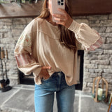 Oat Floral & Plaid Patch Work Sleeve French Terry Pullover