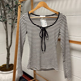 Black/White Striped Round Neck Front Tie Long Sleeve IN STORE