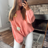 Presley POL Coral Flower Patch Chunky Knit Crew Sweater