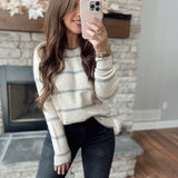 So Soft Charcoal/Taupe Striped Crew Neck Sweater
