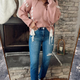Sweet Ease Dusty Pink V Neck Lace Up Knit Sweater