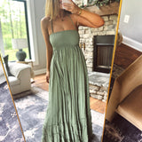 On My Level L.Olive Open Back Smocked Tiered Maxi