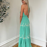 Sea Green Embroidered Halter Maxi Dress