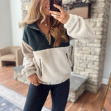 Made To Explore Taupe/Forest Green Quilted Puffer Half Zip IN STORE