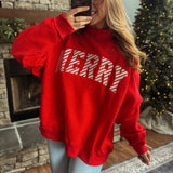 Red Candy Striped Merry Embroidered Mock Neck Sweatshirt