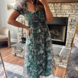 Green Floral Organza Puff Sleeve Maxi