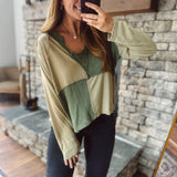 Grayce Green Color Block V-Neck Long Sleeve