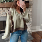 Rustic Olive Plaid Patch Work V-Neck Cropped Knit