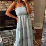 Dallas Blue Embroidered Trim Smocked Strapless Maxi