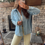 The Blue Ridge Washed Denim Button Up Top