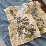 Blue Belle Natural Crochet Knit V-Neck Cropped Tank