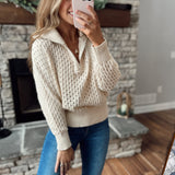 It Ain't So Ecru Crochet Knit Collared Zip Up Pullover