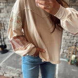 Oat Floral & Plaid Patch Work Sleeve French Terry Pullover