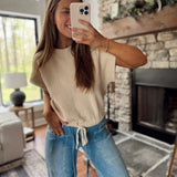 Wheat Waffle Short Sleeve Drawstring Hem Top