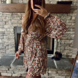 Brown Floral Mesh Belted Peasant Romper
