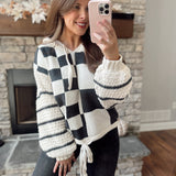 Kenzie Ivory/Black Checker Drawstring Hooded Sweater
